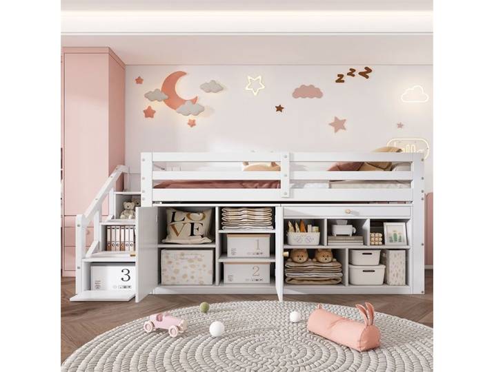 Lit mezzanine 90x200cm lit d'enfant avec escalier de rangement échelle droite armoires de rangement et bibliothque bas blanc
