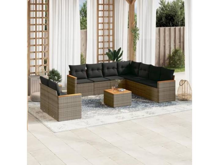 10 tlg. Gartensitzgarnitur aus Rattan PE, grau, mit Kissen abnehmbaren Waschbezügen, modulares Sofa Zubehörbox und Akazienholzplatte.