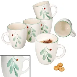 6x Holly Kaffeebecher 320ml Steingut-Tassen 6 Personen Glühwein Tee Mistelzweig