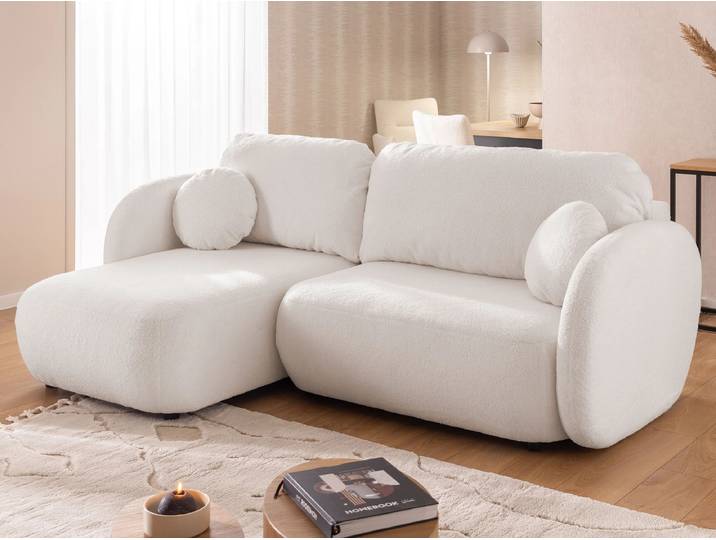 S-Style Möbel Candy - Moderne Ecksofa L-Form mit Schlaffunktion und Stauraum aus Bouclé-Stoff mit abgerundetem Design und hohem Sitzkomfort - Weiß