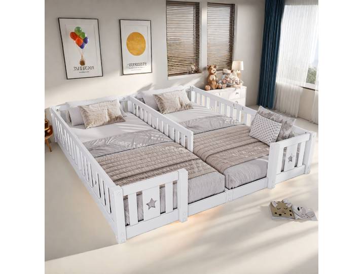 Lit d'enfant Rosahqnda, lit au sol 90x200cm avec barrière, lit en bois de pin pour les familles avec 2 enfants, lit double pour enfants