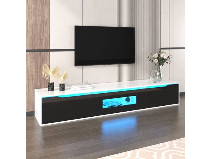 Meuble TV LED 180x30x35 cm LEMLIT Banc TV Salon Façade Noire Brillante Portes Rainurées LED 16 Couleurs 4 Modes - Noir et Blanc