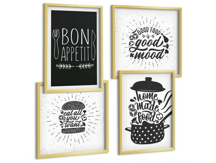 BILDER SET 4er Set - 50x50 cm & 40x60 cm Goldrahmen - Grafiken, Lebensmittel, kulinarische Slogans