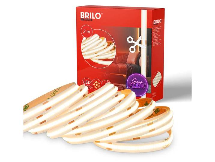 Briloner COB LED Strip 3m\, lumière blanche chaude\, autocollant\, peut être raccourci\, dimmable\, blanc\, 3m