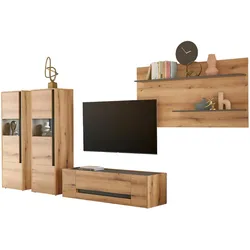 WOHNWAND Evoke Eiche, grau 4-teilig 340 cm, Wohnkombination inklusive Beleuchtung
