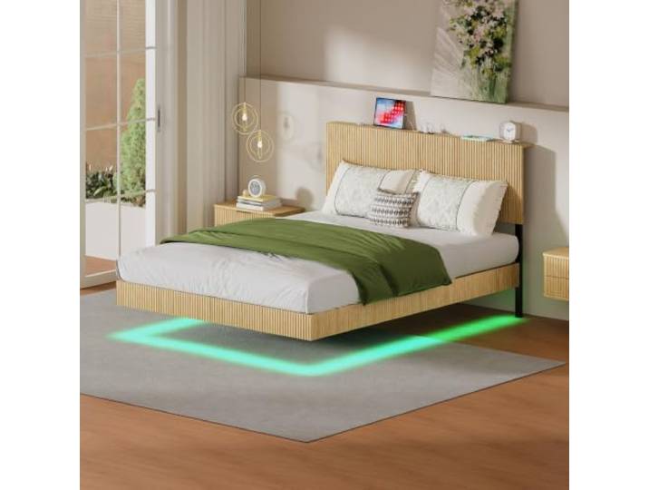 BELLEMAVE Bett 140x200 mit LED Beleuchtung Schwebebett mit Kopfteil und Steckdose, RGB Farbwechsel, helles Eiche Design, ohne Matratze