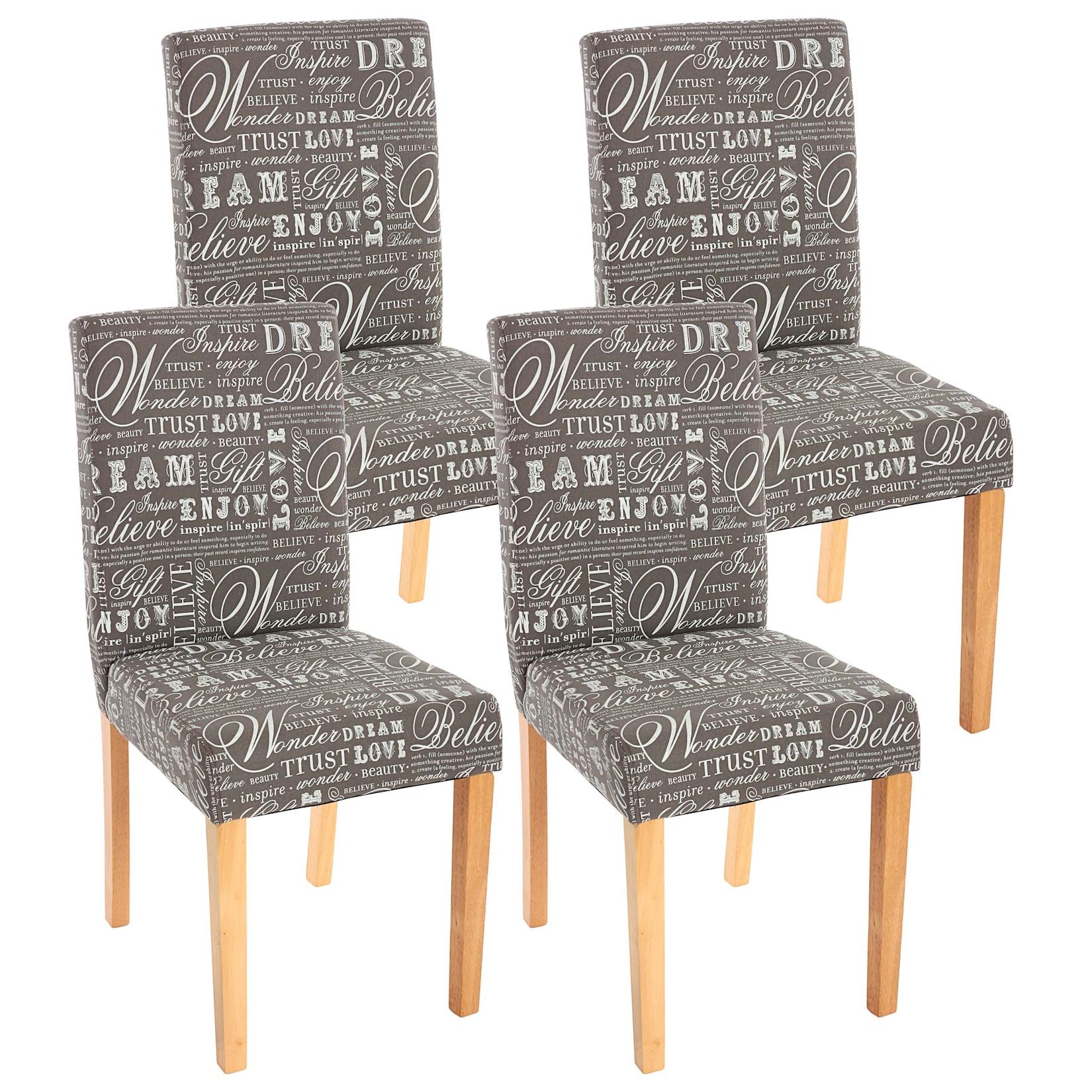 4er-Set Esszimmerstuhl Stuhl Küchenstuhl Littau ~ Textil mit Schriftzug, grau, helle Beine