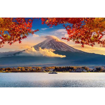Fototapete PAPERMOON "FUJI BERG-JAPAN GEBIRGE WALD SEE WOLKEN SONNE VULKAN", bunt, B:3m L:2,23m, Vlies, Tapeten