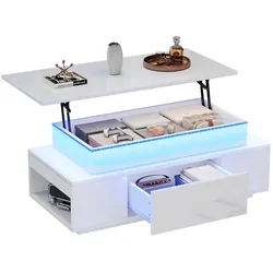 MODFU Couchtisch höhenverstellbar 96x45x40 cm mit verstecktem Stauraum Schublade und LED-Beleuchtung Hochglanz Wohnzimmertisch Weiß