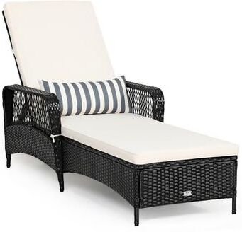 Costway PE Rattan Armrest Chaise Lounge Chair with Adjustable Pillow-Off White