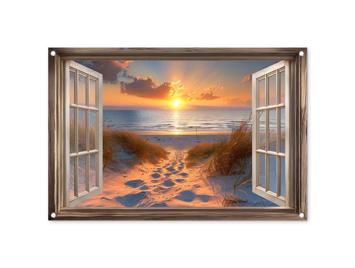 OnlyWow Gartenposter - Durchblick - Strand - Dünen - Sonnenuntergang - 90x60 cm, Orange, Kunststoff, Rechteckig, 90x60x0.2 cm, Bilder & Rahmen, Bilder, Wandbilder