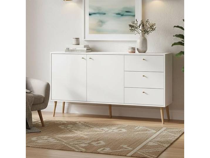 Dmora - Kommode Florence, Wohnzimmerbuffet, Wohnzimmer-Sideboard, Moderne Küchen-Speisekammer, 147x39 h82 cm, Weiß