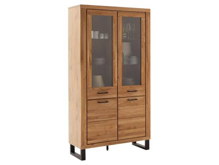 Lomadox Wohnzimmer Vitrine Vitrinenschrank mit 108 cm Breite in Eiche teilmassiv, mit 2 Glastüren & 2 Holztüren, Echtholz/Massivholz-Fronten, geölt