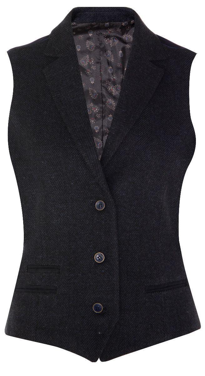 Damen-Weste aus Tweed im 1920er-Jahre-Stil mit Fischgrätenmuster in Marineblau