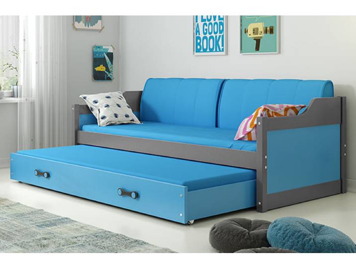 Schlafsofa mit Ausziehbett David 90x200 cm Grau/Blau - Gästebett-Funktion Komplettset inkl. 2 Matratzen & Federlattenroste
