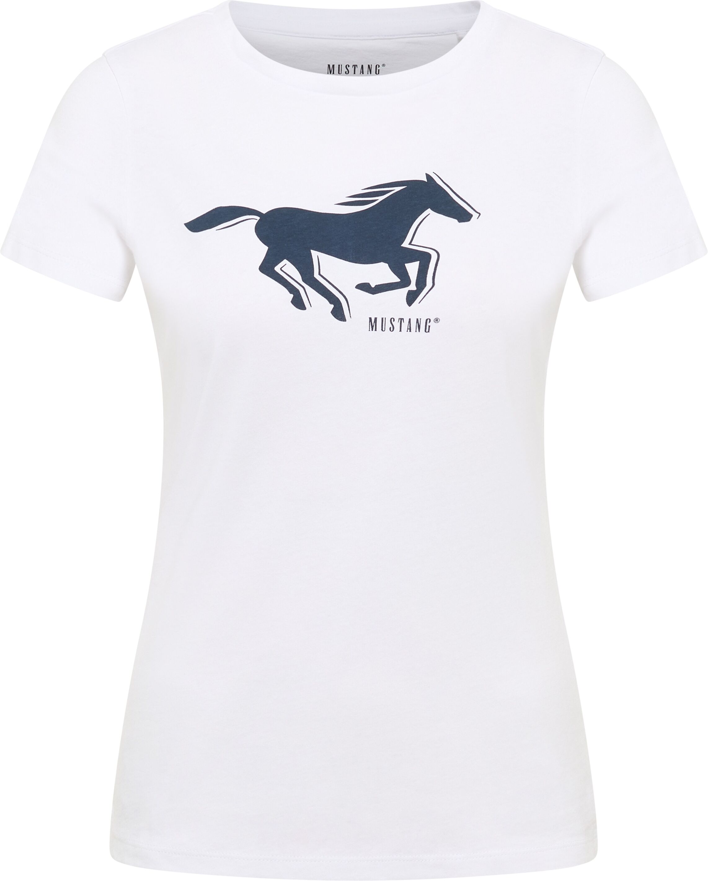 T-Shirt MUSTANG "MU-Loa", Damen, Gr. S, weiss (general weiß), Single Jersey, Obermaterial: 100% Baumwolle, figurbetont normal, Rundhals, Shirts T-Shirt, Figurbetonende Passform general weiß S