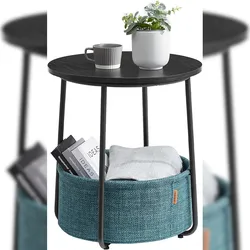 Beistelltisch rund aus Metall, Kleiner Tisch, Couchtisch mit Korb, Wohnzimmertisch, Korb aus Stoff, Nachttisch modern, ebenholzschwarz-türkisblau