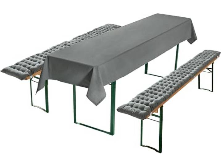 REDBEST Bierbank-Auflagen und Tischdecke 3-teilig grau Größe 90x260 cm - strapazierstark und langlebig, bequemer Sitzkomfort, mit elastischen Bändern