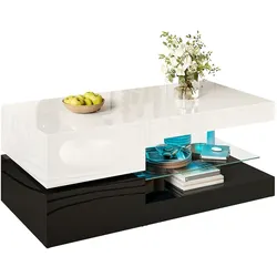 Moderner Couchtisch mit LED-Ambientebeleuchtung 90x45x35,5 cm in Schwarz-Weiß mit APP- und Bluetooth-Steuerung