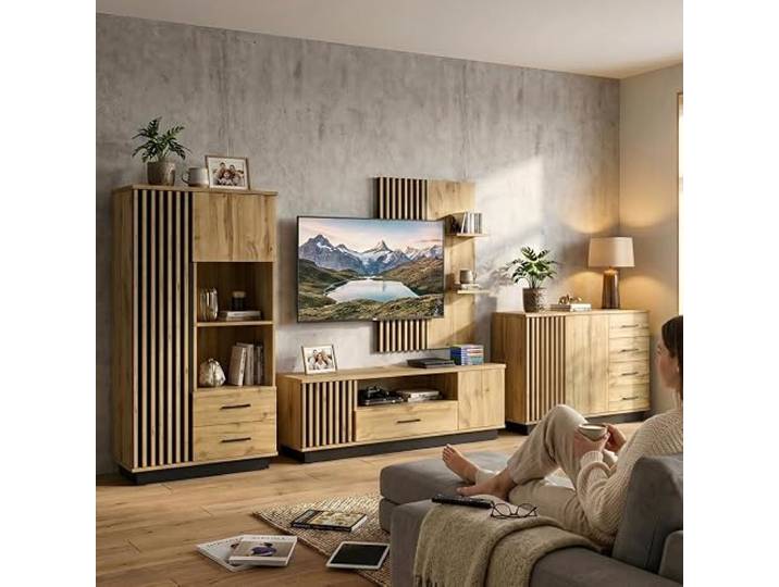 BEAUTY SOFA Wohnwand LAMELO 4-teilig, Wohnzimmer Set mit TV-Schrank Kommode Hochkommode und Wandregal, Eiche Wotan/Schwarz, Möbelset mit Lamellen im Loft-Design