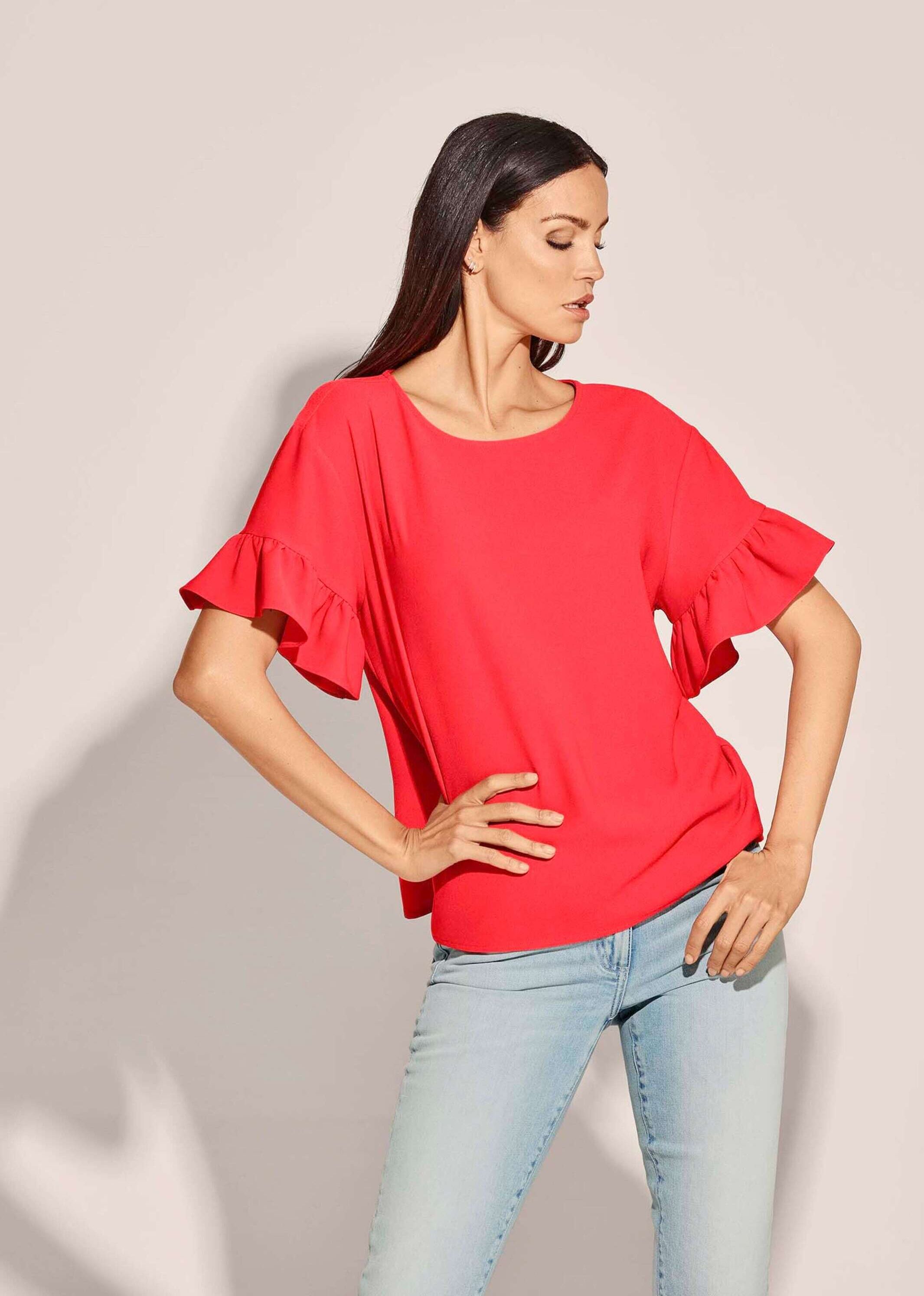 Shirtbluse ALBA MODA "Bluse Bluse", Damen, Gr. 40, rot (koralle), Obermaterial: 100% Polyester PES., Modern, Blusen Shirtbluse