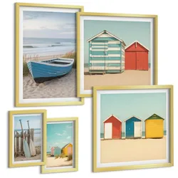 BILDER SET 5er Set - 50x50 cm & 20x30 cm & 40x60 cm Goldrahmen - Farbenfrohe Berge und Küstenstädte