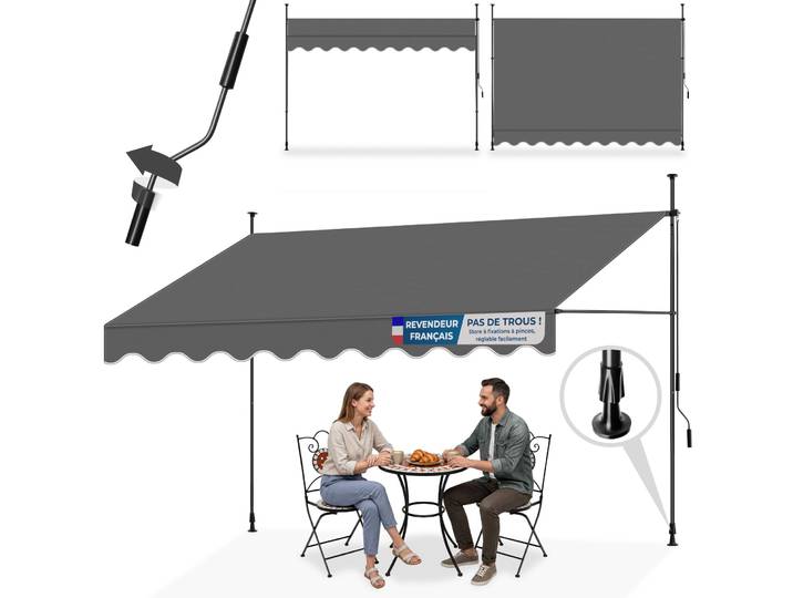Store à pince sans perçage avec manivelle, réglable en hauteur - 350 x 180 cm, noir/gris