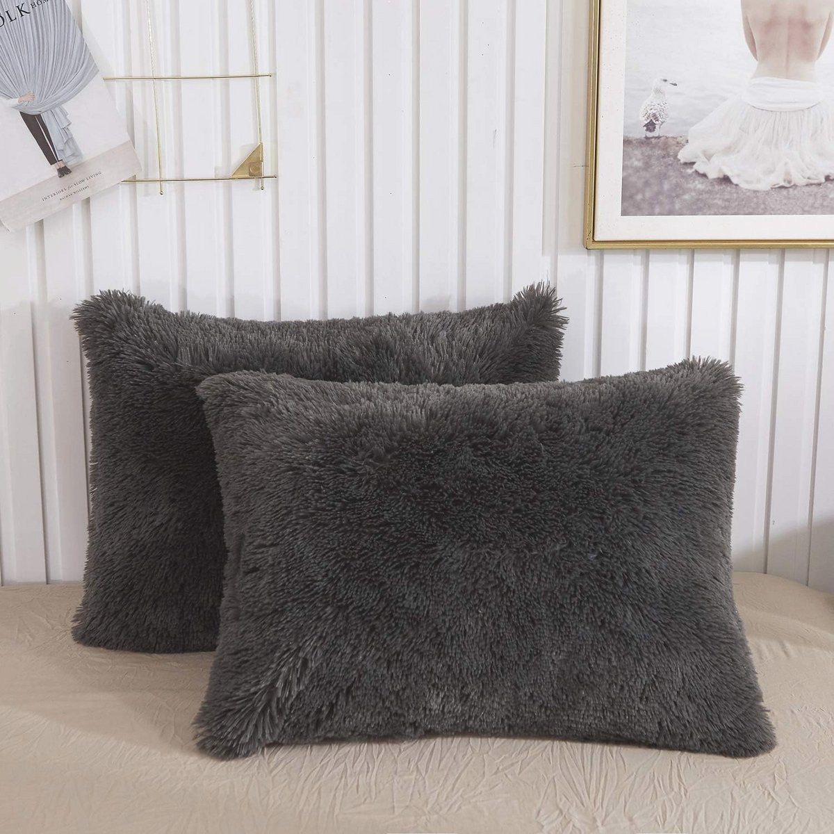 Set van 2 Ultra Zachte Faux Fur Kussensslopen - Donkergrijs Pluche Shaggy Kussensloop