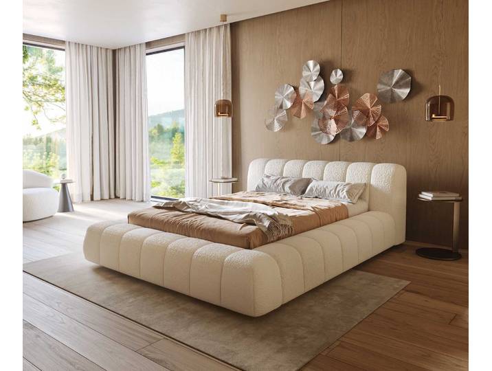 Polsterbettgestell Cutio 140x200 cm Bouclé Creme-Weiß, Polsterbetten