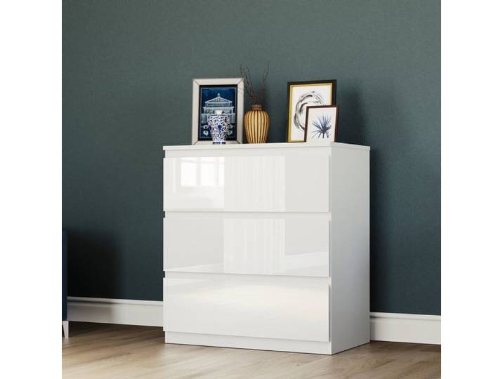 Commode Glinton blanche haute brillance avec 3 tiroirs – Meuble de chambre moderne 100 % FSC