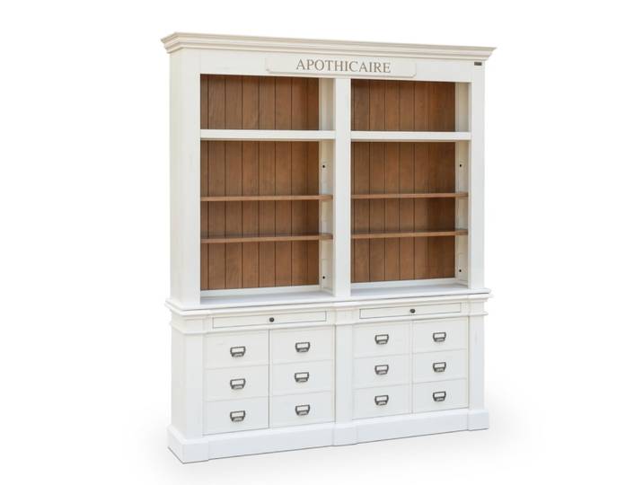 Bibliothèque style classique en pin, 4 portes, 2 tirettes blanc
