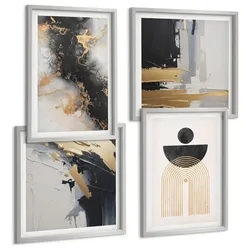 BILDER SET 4er Set - 50x50 cm & 40x60 cm Silberner Rahmen - Abstrakte Geometrie-Komposition
