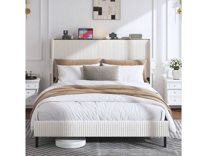 Lit plateforme 160×200 cm rembourré tête de lit en tissu bords incurvés