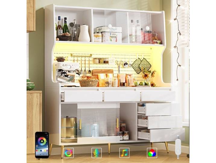 Armoire Buffet Haut de Cuisine 145x39x171 Cm Buffet Cuisine Salle À Manger LED Avec App Tiroir Étagère Panneau Perforé
