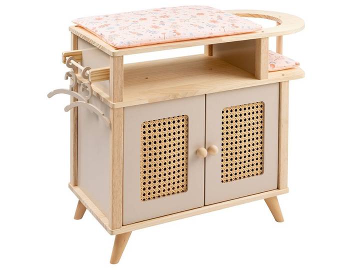 howa Puppenwickeltisch miniflowers, aus Holz mit Puppenschrank, Puppensitz, Auflage, 2 Kleiderbügel
