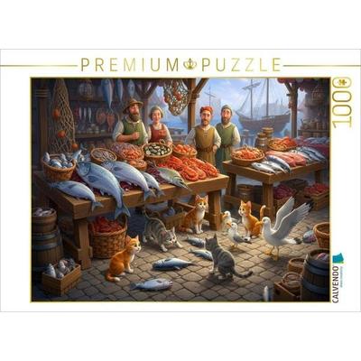 CALVENDO Puzzle Guter Fang am Morgen - Katzen und Möwen am Fischmarkt | 1000 Teile Lege-Größe 64x48cm Foto-Puzzle für glückliche Stunden