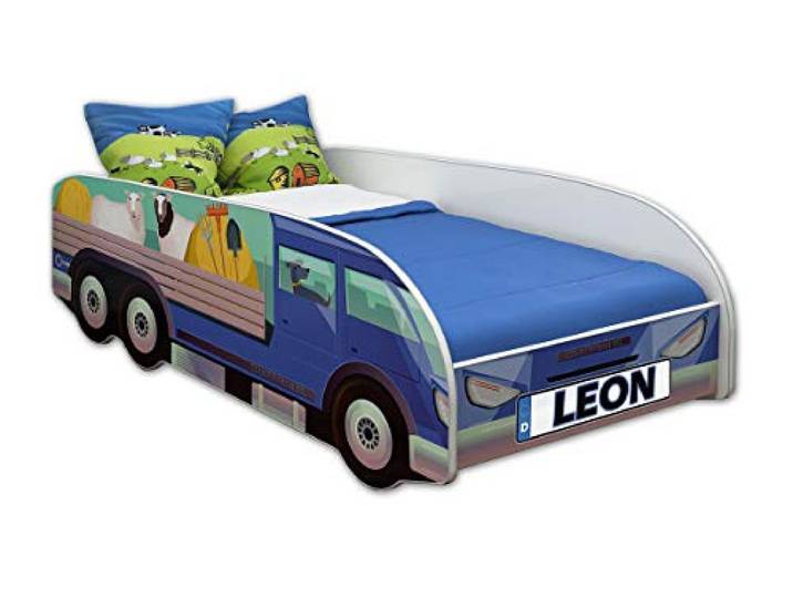 ACMA Kinderbett LKW Truck 160x80 cm Autobett Juniorbett für Kinder mit Matratze und Lattenrost, Spielbett mit Rausfallschutz, Kinderzimmer Bettmöbel, Design 05 Landwirtschaftlicher LKW + Name