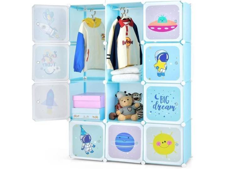 GOPLUS Armoire Penderie Modulable Enfants 12 Cubes 35x35x35CM avec Barre de Suspension Motifs d'Espace Mignons pour