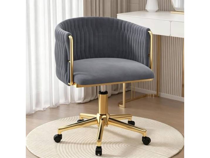 Verstellbarer Samt-Waschtischstuhl Mit Metallgestell, 360° Drehbar Ergonomischer Stuhl mit gebogener Rückenlehne, geeignet for Ankleiden, Büro und Maniküre(Gold Legs,Gray)
