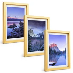BILDER SET 3er Set - 20x30 cm Goldrahmen - Berglandschaften, Sonnenuntergang, Wasser