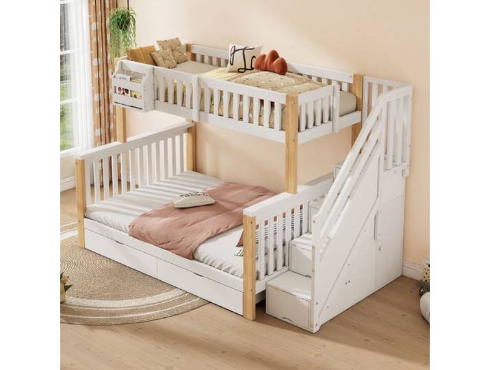 Lit superposé enfant - MAISENTIEL - Maisentiel - 90x200+140x200 - rangements intégrés - blanc et naturel