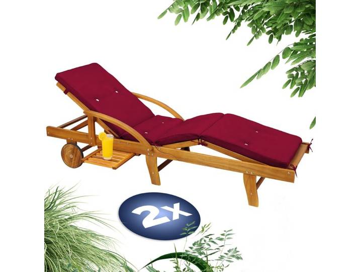 CASARIA® 2x Bain de soleil en bois d'acacia avec coussin housse rouge inclus jardin balcon exterieur chaise longue ergonomique