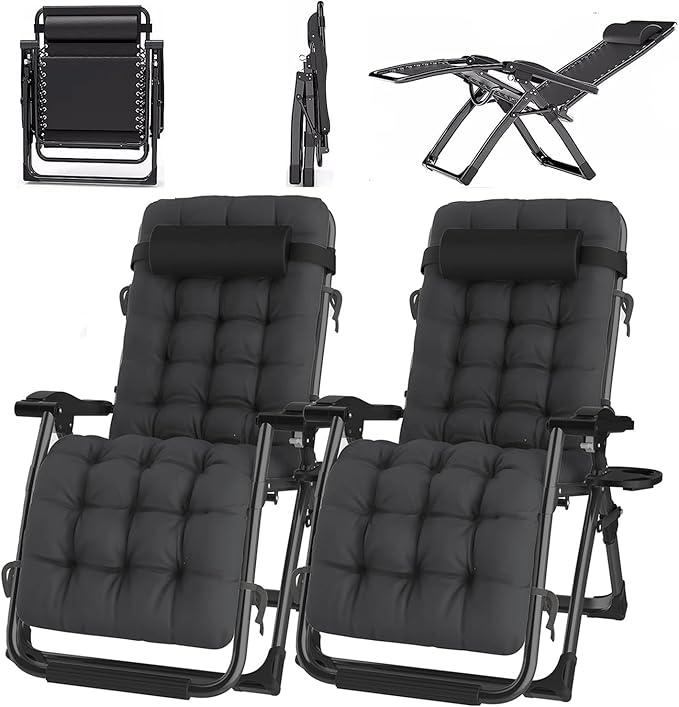 2er Set Sonnenliege klappbar Liegestuhl Gartenliege Keine Installation, mit Getränkehalter, Relaxliege mit Kissen, atmungsaktiv, für innen Gartenstuhl Campingstühle(Schwarz, 65cm)