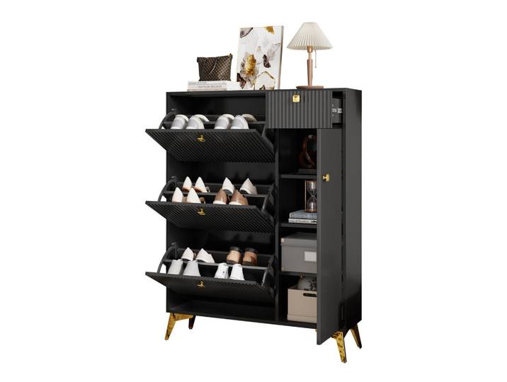 Flieks Schuhschrank Schwarz 3 Klappen Schublade Tür 90x25x121cm, 90x121x25 cm, Garderobe, Schuhaufbewahrung, Schuhkipper