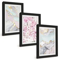 BILDER SET 3er Set - 20x30 cm Schwarzer Rahmen - Rosa Blumen Marmor Pastell