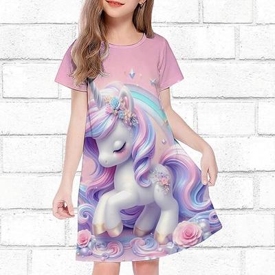 Mädchen' 3D Einhorn Kleid Kurzarm Sommer Frühling Urlaub Täglich Ferien Prinzessin Schön Süß Kinder 4-12 Jahre Freizeitkleid Knielang Normale Passform