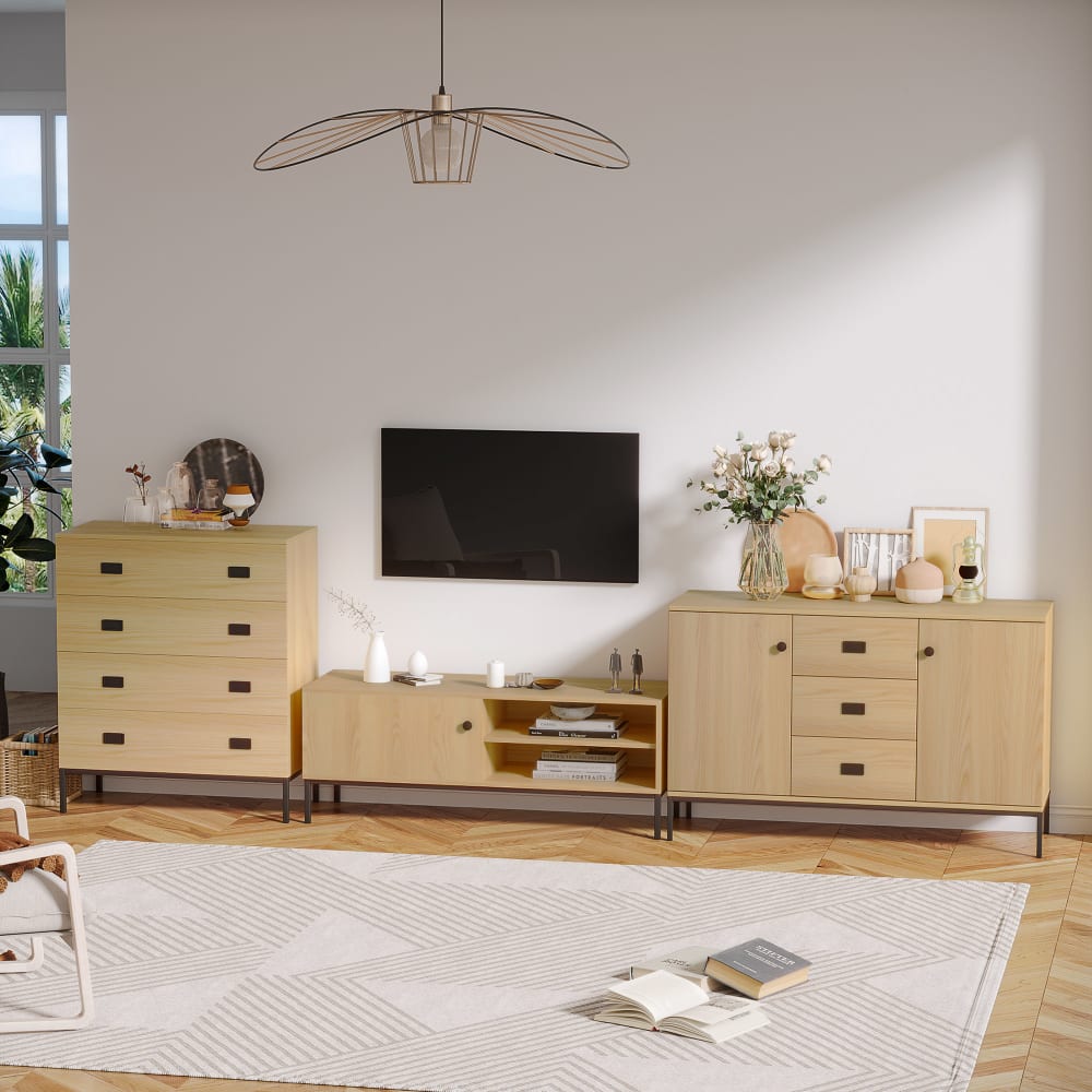 Homcom Meuble tv banc tv design industriel - porte coulissante, 2 niches Beige 120x46x40cm