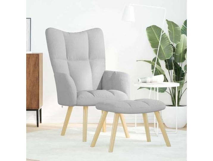 Relaxsessel mit Fußhocker, Wolkengrauer Stoff Polyestergewebe, Holz-und-Metall-Rahmen, gepolsterte Armlehnen, Fußstütze oder Zusatzsitz, Wohnzimmer Lounge