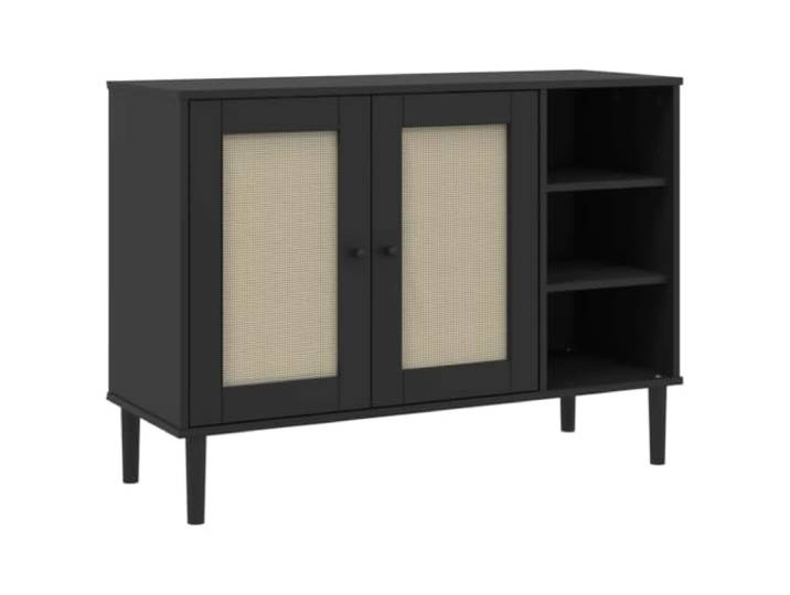 KKgypkn Sideboard Senja Rattan-Optik Schwarz 112x40x80 cm Massives Kiefernholz, UV-Lackierung, 5 Facher 2 Turen, Stabile Oberplatte