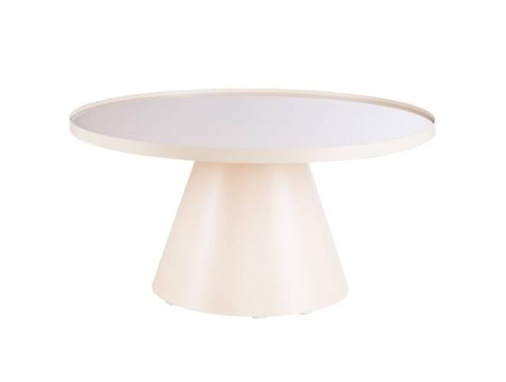 home24 Couchtisch Glas Metall runde Form, Kaschmirfarben, Tischplatte Farbglas, pulverbeschichtetes Gestell, modernes Design